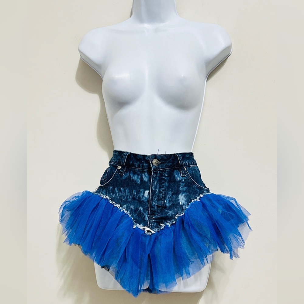 Handcrafted Upcycled Blue Ruffle V Yoke Mini Skirt Size 8